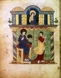 Ms Lat 8878 fol.1v Jézus bemutatja az evangéliumot Szent Máténak, Liebanai Beatus asztúriai szerzetes kommentárjából az Apokalipszishez (776 körül) 1028-72 körül (vellum)