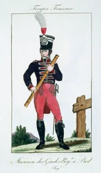 A Királyi Lábőrség zenésze, a Troupes Francaises-tól, kocsma. Bassetben, Párizsban, 1790 körül