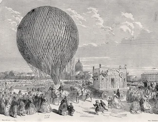 Nadars léggömb, Le Géant a párizsi Champ de Mars-on készül az első repülésre 1863. október 4-én, illusztráció Párizsból a Travers Les Siecles: Tome 5, 1889