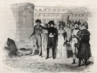 Napóleon sétál Madame Tallien-nel, nee Theresa Cabarrus, Caraman hercegnője, Caraman Chimay hercegnője (1773 - 1835) elhelyezi Vendome-ot Párizsban - „Les rues de Paris” metszet. Régi és modern Párizs: eredet, történelem, műemlékek, jelmezek, erkölcsök, ch