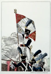 Napóleoni Armee: Line Infantry. Főtörzsőrmester sasát ültette egy rettegésre, amelyet drasztikusan kiirtottak. Martinet metszete (XIX. század) 1808. Malmaison, Musee Du Chateau.