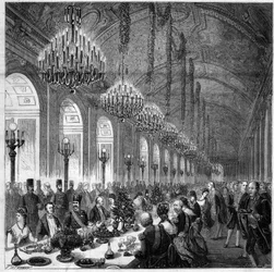 Nasir Al-Din (Nasszer al-Din) (1831-1896) Sah Perzsiából Versailles-ba. Bankett a jéggalériában. tőle balra Albert, Broglie hercege (1821-1901).