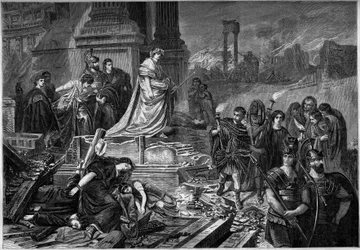 Neron a 64-es római tűzvész után. Metszet Karl Theodor von Piloty (1826-1886) festménye után. Az 1862. szeptember 13-i „” Le Monde Illustré”” 283. sz.