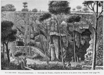 Új-Kaledónia, Pines-sziget, Toupo hypogeum, egy deportált toll- és tusrajza után, illusztráció a Les Missions Catholiques, 1893-as értesítőből