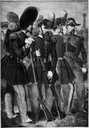 A francia császári gárda új egyenruhái 1860-ban. Metszet a „” Le Monde Illustré”” 165. sz. 1860. június 9-én.