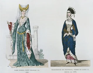 Károly uralkodása alatti nemesasszony, Marguerite de Provence, IX. Lajos felesége 1285-ben halt meg, az évszázadok során átívelő francia polgári és katonai viseletben.
