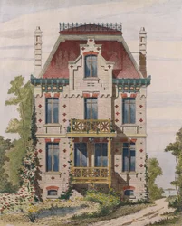 Norman villa Villers sur merben, Normandia, illusztráció a Le Moniteur des architectesből, 1883 (színes metszet)