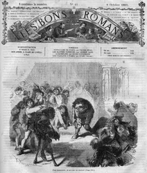 Regénysorozat: Victor Hugo (1802-1885) „Notre Dame de Paris”. A tömeg ijedten és nevetve Quasimodo, a harangozó előtt. Metszet a „Les bons romances”-ba