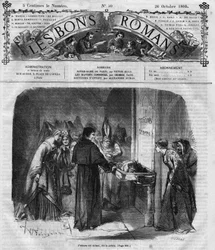 Regénysorozat: Victor Hugo (1802-1885) „Notre Dame de Paris”. A pap úgy dönt, örökbe fogadja Quasimodot. Metszet a „Les bons romances”-ba