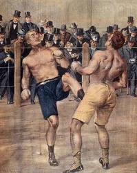 Az egyik első vad találkozó, a francia boksz, 1899-ben Párizsban vívott, színes gravírozás. Franciaország
