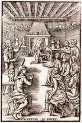 A transzmutációs kémia kurzusának megnyitása - 1653-as metszet a „” LE VRAY ET METHOD COURSES DE PHYSICS RESOLUTIVE”-ba, Annibal Barlet