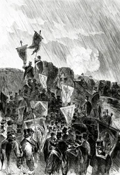 Szabadkőművesek békepárti tüntetése az erődítményeken 1870. április 28-án, Párizs bombázásának beszüntetését követelve, a Le Monde Illustré című lapból, 1870. május 5.