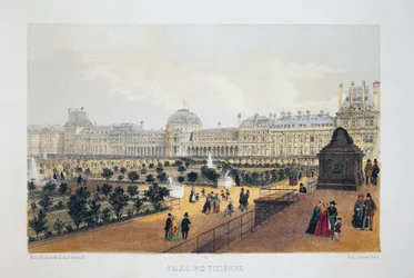 Tuileries-palota, Párizs. Akvarell litográfia, illusztráció az „Album, souvenirs de Paris”-ban”, Daziaro szerkesztő, Párizs