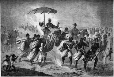 Madagaszkár királynője Raboude (Rasoherina) (1818-1868), Radama II felesége, Palanquin sétája. Metszet a „” Le Monde Illustré”” 303. számában, január 31