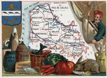 Pas-de-Calais (62), Nord-Pas-de-Calais, Franciaország. Helyi különlegességek: fekete szappan, piszkos hal, almabor és dohány. Sorozat a francia megyékről. Kromolitográfia (krómo) „a földrajzi fonal”, 1920 körül. Magángyűjtemény.