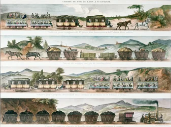 Utasok és teherszállítás a Lyon és St. Etienne között 1829-ben megnyílt első francia vonalon (színes litó)