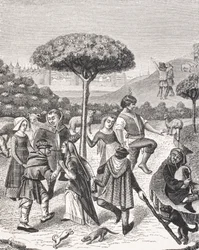 Paraszttáncok a májusi ünnepeken, egy 15. századi imakönyv miniatűrje után, Paul Lacroix (1806-84) „Le Moyen Age et La Renaissance” című művéből, 1847-ben megjelent