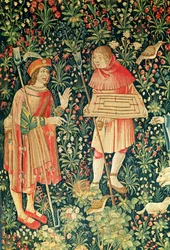 Komlótáblát cipelő paraszt, a Game of Hopscotch és a gyümölcsszedésből, Loire Workshop, 1510