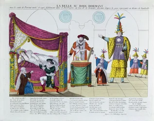 A Csipkerózsika előadása Charles Perrault (1628-1703) tündérmese után a párizsi Vaudeville Színházban, 1820 körül (színes metszet)