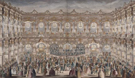 A Bálterem perspektivikus képe, a Hotel de Ville udvarán (színes gravírozás)