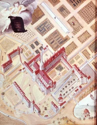 Port Royal des Champs (Port-Royal-des-Champs) apátság távlati képe légvonalban. 18. századi gouache rajz. Versailles-i Múzeum