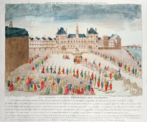 Perspektivikus kép XVI. Lajos (1754-93) érkezéséről a Hotel de Ville-ben, 1789. július 17-én