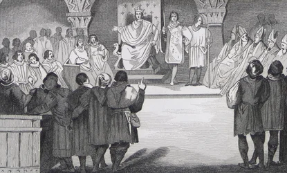 Philippe IV (1268-1314) le Bel újra egyesíti az államokat a Louvre-ban, Colart „Histoire de France” című művéből, amely 1840 körül jelent meg.