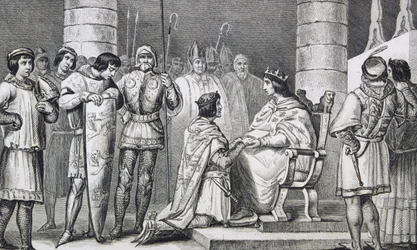 VI. Philippe (1293-1350) de Valois III. Edward (1312-77) angol előtt tiszteleg, de csak mint Aquitánia hercege, Colart „Histoire de France” című művéből, amelyet 1840 körül adtak ki.