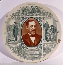 Tányér Pierre Petit (1832-1909) Louis Pasteur (1822-95) fényképével és életének jeleneteivel (kerámia)