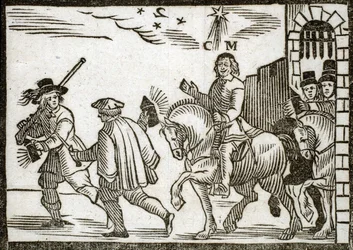 Politikai füzetek Mazarinade: Mazarin lóháton menekül Párizsból az éjszaka közepén, előtte két lámpást hordozó inas. Vésett fa 1651
