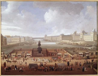 A párizsi Pont Neuf a Place Dauphine bejáratától nézve, a Négy Nemzet Kollégiumával, a Quai Malaquais-val és a Louvre-ral