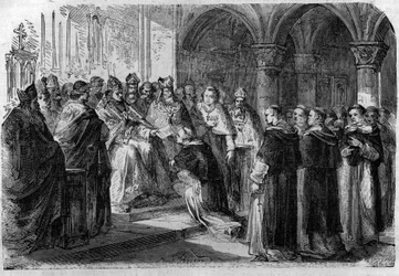 Adrien pápa (792-872) átadta egyik legátusának a Lord Normand elleni kiközösítési buborékot. Metszet a „Histoire des Papes-Rois-Queen and Empereurs a travers les centuries” című könyvébe, Maurice Lachatre