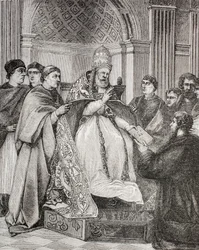 IX. Gergely pápa átadja a dekrétumokat a konzisztórium egyik szószólójának, Paul Lacroix „Katonai és vallási élet a középkorban” című művéből, London, 1880 körül.