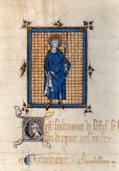 Szent Lajos egész alakos, fenséges portréja (IX. Lajos) (1214-1270). Miniatúra „A királyi udvartartás rendeleteinek jegyzékéből”. Párizs, Nemzeti Levéltár
