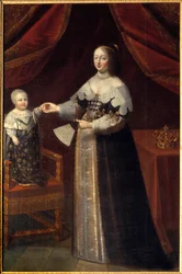 Portré Osztrák Anna (1601-1666), francia királynő lábánál XIV. Lajos gyermekével A 17. századi francia iskola festménye. Chambord, kastélymúzeum