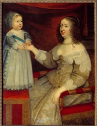 Osztrák Anna francia királynő (1601-1666) és XIV. Lajos delfin gyermek (1638-1715) portréja A francia iskola festménye. 1643 előtt Nap 1,2x0,96 m