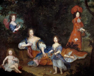 Francoise Athenais (Francoise-Athenais) portréja, Rochechouart Mortemart, de Montespan márkiné (vagy Madame de Montespan) (1640-1707) és gyermekei, Maine hercege, Vexin grófja, Tours kisasszonya és Nantes kisasszonya. Francia Iskola