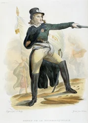 Henri du Vergier, La Rochejaquelein grófja (vagy La Rochejacquelein gyümölcsöskertje) (1772-1794) portréja a „live le roi” zászlóval (mellkasán a vendék jelvénye) - „Le Plutarque Français””-ban, készítette Mennechet, 8. kötet 1841