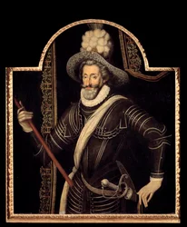IV. Henrik portréja fehér gyöngyben és tollban, Franciaország és Navarra királya (1553-1610) A 16. századi francia iskola névtelen festménye. Homályos. 1,15x0,99 m.