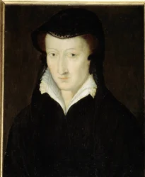 Joan of Albret, Bearn szuverén hercegnőjének, Navarra királynőjének (1582-1572), IV. Henrik anyjának portréja, özvegyi ruhában 1562 után 1563-1570 körül A francia iskola névtelen festménye. 16. század. Homályos. 0,18x0,14 m.