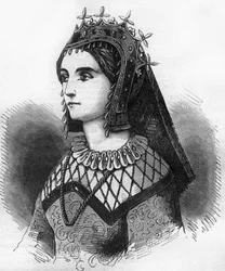 Francia Judit (843-870), Wessex királynőjének, majd Flandria grófnőjének portréja. Dr. Th. -F. metszete „A prostitúció és kicsapongás története a világ népeinél az ókortól napjainkig” című könyvébe. Debray. 1879.