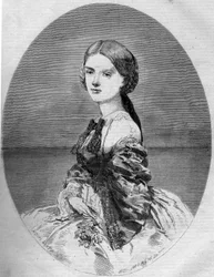 Savoyai Klotild hercegnő (1843-1911), Napóleon herceg leendő feleségének (1822-1891) portréja. Metszet az 1859. január 29-i „” Le Monde Illustré”” 94. sz.