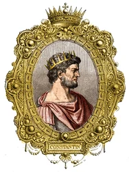 I. Nagy Konstantin római császár portréja (274-337). Metszet a „Pápák-királyok-királynők és császárok története évszázadokon keresztül” című könyvébe, Maurice Lachatre