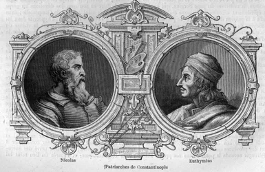 A misztikus Miklós (10. század) és Euthymius of Athos (955-1028), Konstantinápoly pátriárkái portréi. Metszet a „Histoire des Papes-Rois-Queen and Empereurs a travers les centuries” című könyvébe, Maurice Lachatre