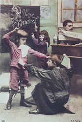 A világi oktatási rendszert bíráló képeslap, 1910 körül