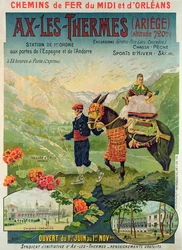 Plakát, amely a franciaországi Ax-Les-Thermes síközpontot hirdeti, 1900 körül