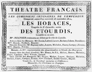 Plakát Pierre Corneille (1606-84) Les Horaces című előadásához a párizsi Theatre Francais-ban, 1812