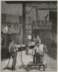 Fazekasság, Sevres gyártás: Vákuumos és sűrített levegős öntőműhely. Metszet 1885-ből Adolphe BITARD „Les arts et metiers illustres” című könyvében.