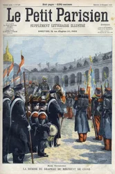 Faure Biguet (Faure-Biguet) tábornok bemutatta a Kínai Ezred zászlaját Arnoux tábornok kormányzójának a párizsi Invalidusoknál, a „Le petit Parisien” 1901-ben (metszet)