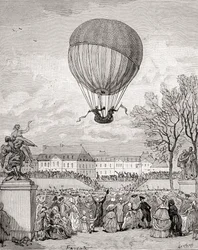 Jacques Charles professzor és Nicolas-Louis Robert a világ első emberes hidrogénballonját repülte 1783. december 1-jén a párizsi Tuilleries-kertben, az 1880 körül megjelent Histoire de France-ból (metszet)